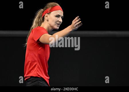 Glasgow, Écosse, 09/11/2022, Glasgow, Écosse, ROYAUME-UNI. 9th novembre 2022. La Belge Maryna Zanevska réagit lors d'un match de tennis contre la Slovaque Schmiedlova, le deuxième match de l'égalité entre la Belgique et la Slovaquie dans la phase de groupe de la finale de la coupe du Roi de Billie Jean à Glasgow, en Écosse, le mercredi 09 novembre 2022. Le tournoi a lieu de 8 novembre jusqu'à 13 novembre 2022. BELGA PHOTO LAURIE DIEFFEMBACQ crédit: Belga News Agency/Alay Live News Banque D'Images