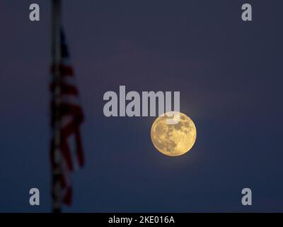 Une pleine lune brille d'une teinte jaune lorsqu'elle s'élève au-dessus de Phoenix Arizona lors d'une nuit d'automne Banque D'Images