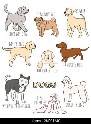 Jeu d'illustrations avec chiens et inscriptions Illustration de Vecteur