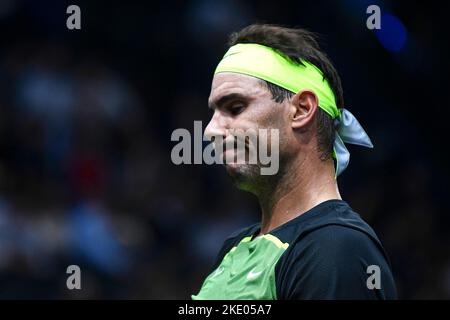 Rafael 'Rafa' Nadal d'Espagne réagit lors du Rolex Paris Masters, ATP Masters 1000 tennis Tournament, sur 2 novembre 2022 à l'Accor Arena de Paris, F Banque D'Images