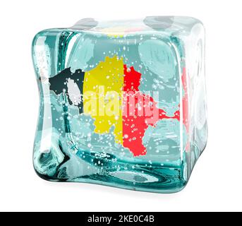 Carte belge gelée en cube de glace, 3D rendu isolé sur fond blanc Banque D'Images