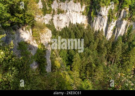 Blick in die Schlucht mit den Echelles de la mort Todesleitern im Tal der Doubs, Charquemont, Bourgogne-Franche-Comté, Frankreich, Europa | Canyon wi Banque D'Images