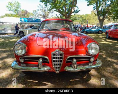 Vieux sport rouge 1961 Alfa Romeo Giulietta Spider roadster dans un parc. Nature, arbres. Autoclasica 2022 Classic car show. Vue avant. Banque D'Images