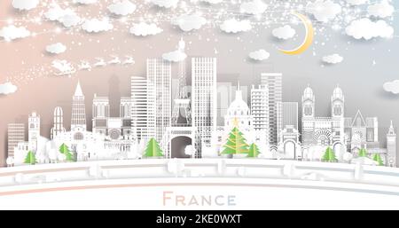 France City Skyline en papier coupé avec flocons de neige, Lune et guirlande de Neon. Illustration vectorielle. Concept Noël et nouvel an. Illustration de Vecteur