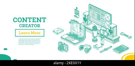 Créateur de contenu. Concept de contour isométrique. Illustration vectorielle. Stratégie de contenu de blog. Ordinateur portable avec microphone, stabilisateur de nacelle pour smartphone. Illustration de Vecteur
