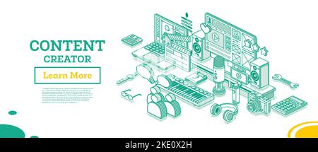 Créateur de contenu. Concept de contour isométrique. Illustration vectorielle. Stratégie de contenu de blog ou Vlog. Ordinateur portable avec panneau de recouvrement, stabilisateur pour smartphone, Illustration de Vecteur