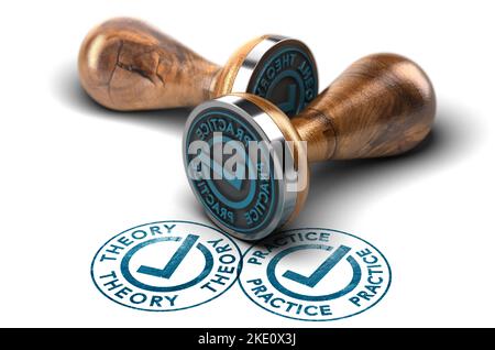Deux timbres ronds en caoutchouc avec le mot théorie et pratique avec une coche sur fond blanc. 3D illustration. Banque D'Images