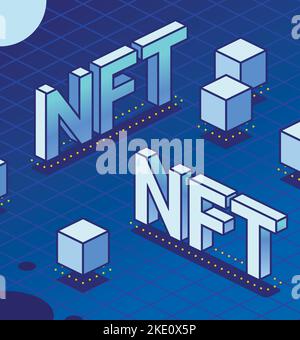 NFT isométrique Technologie blockchain. Illustration vectorielle. Deux mots avec cubes. Illustration de Vecteur