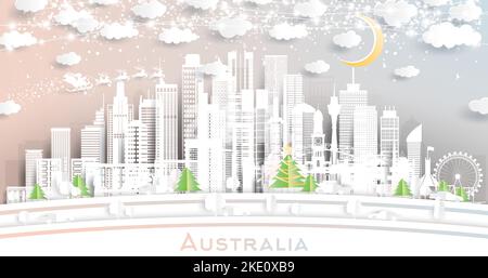 Australia City Skyline en papier coupé avec flocons de neige, lune et guirlande de Neon. Illustration vectorielle. Concept Noël et nouvel an. Illustration de Vecteur