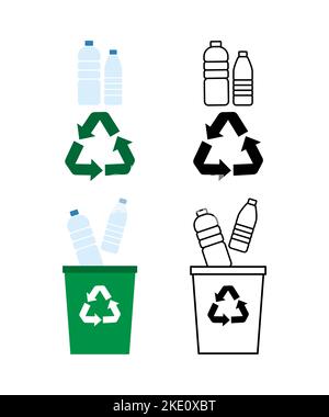 Jeu d'icônes de recyclage de plastique, illustration vectorielle. Bouteilles en plastique et poubelle. Illustration de Vecteur