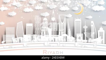 Riyadh Saudi Arabia City Skyline en style papier coupé avec White Buildings, Moon et Neon Garland. Illustration vectorielle. Illustration de Vecteur