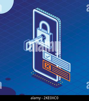 Smartphone isométrique avec clé insérée dans le verrou. Protection des données. Illustration vectorielle. Concept de cybersécurité. Cadenas sur l'écran du téléphone. Illustration de Vecteur