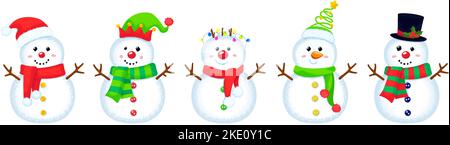 Ensemble de Noël vecteur bonhomme de neige mignon. Personnages de dessins animés colorés d'hiver. Illustration de la nouvelle année. Illustration de Vecteur