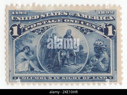 États-Unis - 1893 : timbre-poste bleu profond de 1 cent représentant la scène Columbus en vue de la terre, Columbian issue. L'exposition mondiale de la Colombie de 1893 a commémoré le 400th anniversaire de l'atterrissage de Christophe Colomb dans les Amériques. Les timbres étaient intéressants et attrayants, conçus pour attirer non seulement les collectionneurs de timbres-poste, mais aussi les historiens, les artistes et bien sûr le grand public qui les ont achetés en nombre record en raison du fanfare de l'exposition colombienne de l'exposition mondiale de 1892 à Chicago, Illinois Banque D'Images