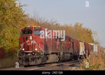 Bartlett, Illinois, États-Unis. Une paire de locomotives du chemin de fer canadien Pacifique transportent un train de marchandises manifeste dans le nord-est de l'Illinois. Banque D'Images