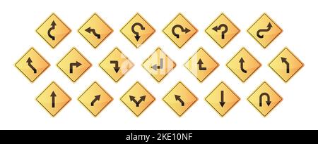 Flèche de signalisation routière. Navigation route avertissement de vitesse rond-point symboles de marche arrière, les courbes tournent des pointeurs de direction. Collection isolée de vecteur d'intersection de signalisation, illustration de bord de route sinueuse Illustration de Vecteur