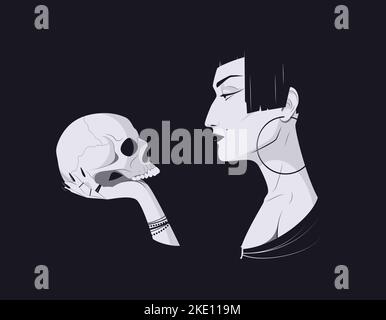 Une sorcière tient un crâne humain sur sa main et le regarde. Magie sombre et illustration du vecteur gothique. Illustration de Vecteur