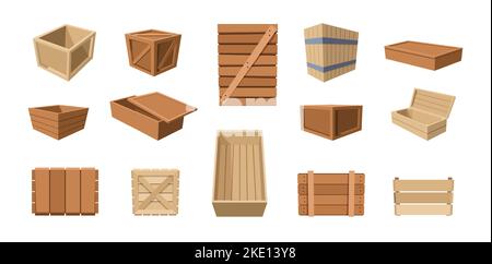 Caisses en bois. Bacs et caisses d'expédition vides emballés, palettes d'entrepôt de marchandises pour le transport de légumes de fruits. Illustration vide de l'ensemble de conteneurs isolés par vecteur Illustration de Vecteur