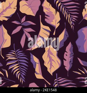 Motif feuilles exotiques. Imprimé fleuri sans couture composé de plantes et de fleurs de la jungle tropicale, toile de fond botanique pour un motif textile. Vecteur de feuilles exotiques, illustration de fond artistique d'été Illustration de Vecteur