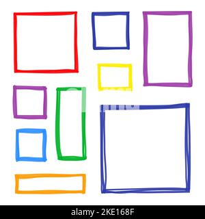 Ensemble de cadres carrés dessinés à la main et colorés isolés sur fond blanc. Illustration de Vecteur