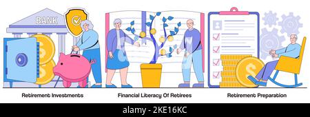 Les placements de retraite, la littératie financière des retraités, les concepts de préparation à la retraite avec des personnages de personnes. Pack d'illustrations vectorielles de fonds de pension. Illustration de Vecteur