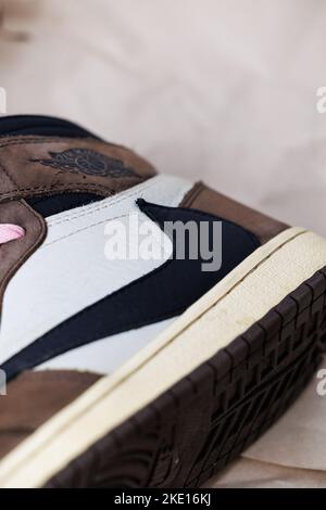 Un gros plan vertical du cric de cactus Nike Air Jordan One avec revers Nike. Banque D'Images