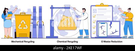 Le recyclage mécanique et chimique, les concepts de réduction des déchets électroniques avec des personnages de personnes. Pack d'illustrations pour la gestion des déchets industriels. Traitement pour RE Illustration de Vecteur