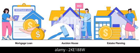 Prêt hypothécaire, maison de vente aux enchères, concepts de planification successorale avec des personnages de personnes. Pack d'illustrations de propriétés résidentielles et commerciales. Service immobilier Illustration de Vecteur