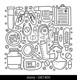 Ensemble de doodle contour pulmonologiey articles, y compris les poumons, trachée, spiromètre, loupe, bactéries, oxymètre de pouls, débitmètre de prélèvement, inhalateur de poche, steth Illustration de Vecteur