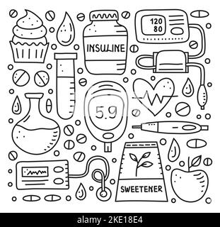 Ensemble d'éléments de contour de doodle diabète, y compris l'insuline stylo, pompe, tonomètre, goutte de sang, glucomètre, cupcake, flacon, édulcorant, coeur, tube à essai isol Illustration de Vecteur