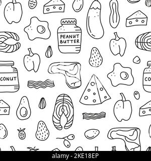 Motif sans couture avec contour d'oodle aliments noirs et blancs pour régime cétogène comprenant le fromage, la viande, le saumon, l'avocat, les œufs, beurre, bacon, framboise Illustration de Vecteur