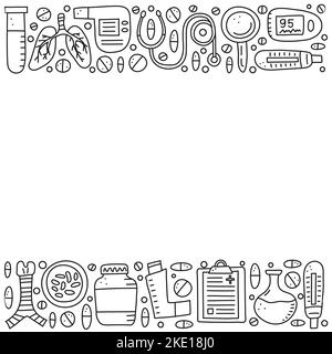 Affiche avec doodle contour pulmonologiey articles, y compris les poumons, trachée, spiromètre, loupe, bactéries, oxymètre de pouls, débitmètre de prélèvement, inhalateur de poche, Illustration de Vecteur