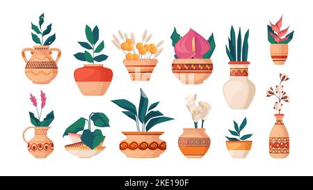 Vases scandinaves avec plantes. Groupe de céramique poterie avec bouquet de fleurs, pots d'argile de dessin animé minimal avec fleurs plantes de maison botanique de plante dans l'illustration de pot Illustration de Vecteur