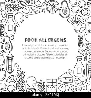 Affiche avec lettrage et doodle décrivant les icônes d'allergènes alimentaires, y compris le poisson, les fruits de mer, le fromage, le lait, le blé, champignons, agrumes, miel, chocolat, fruits Illustration de Vecteur