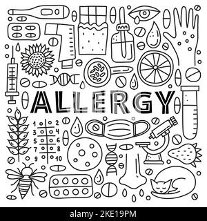 Affiche avec lettrage et le contour des icônes d'allergie comprenant des éruptions cutanées, l'écoulement oculaire, le masque, le chat, l'abeille, microscope, dnk, flacon de pipette, seringue, Illustration de Vecteur