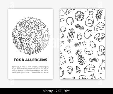 Modèles de cartes avec le contour des icônes allergènes alimentaires, y compris le poisson, les fruits de mer, le fromage, le lait, le blé, champignons, agrumes, miel, chocolat, tropique fru Illustration de Vecteur