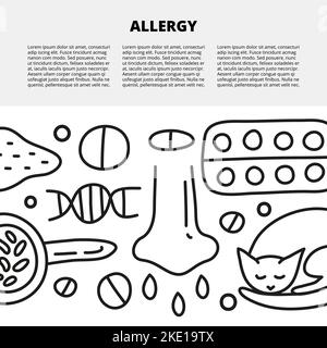 Modèle d'article avec espace pour le texte et le contour des icônes d'allergie comprenant la seringue, l'œil liquide, le microscope, le dnk, le blé, pilules, gouttes. Illustration de Vecteur