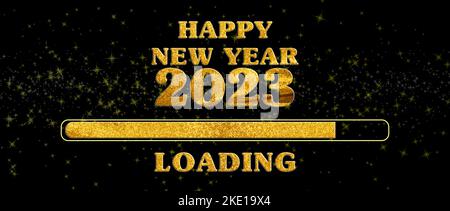 Bonne année 2023 affiche noire et dorée. 3d illustration 3d rendu. Bannière du site Web de la bonne année. Banque D'Images
