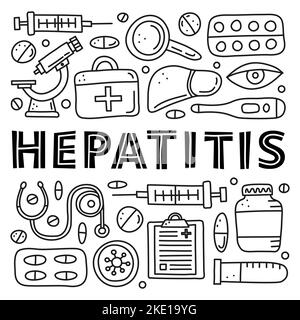 Affiche avec le contour de la doodle hépatite icônes médicales y compris le foie, le microscope, la seringue, le tube à essai, l'oeil, trousse de premiers soins, stéthoscope loupe, virus isola Illustration de Vecteur