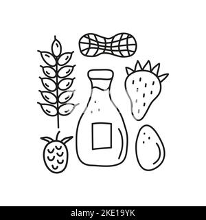 Groupe d'allergènes alimentaires de contour de l'oodle, y compris le blé, la framboise, l'arachide, le lait en bouteille, la fraise, œuf isolé sur fond blanc. Illustration de Vecteur
