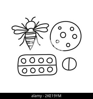 Groupe de doodle contour des icônes d'allergie y compris l'éruption cutanée, l'abeille, les comprimés blister isolés sur fond blanc. Illustration de Vecteur