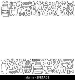 Affiche avec les aliments de contour de doodle pour le régime cétogène y compris le fromage, la viande, le saumon, l'avocat, les oeufs, beurre, bacon, macadamia, framboises. Glucides bas, h Illustration de Vecteur