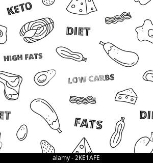 Motif noir et blanc sans couture avec aliments de contour de doodle pour régime cétogène comprenant le fromage, la viande, le saumon, l'avocat, les œufs frits, bacon, aubergine, pe Illustration de Vecteur