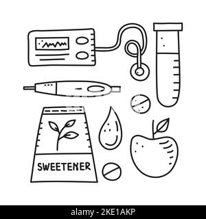 Ensemble de doodle Outline articles de diabète, y compris tube à essai, pilules, stylo d'insuline, pompe, pomme, édulcorant, goutte de sang isolée sur fond blanc. Peut être Illustration de Vecteur