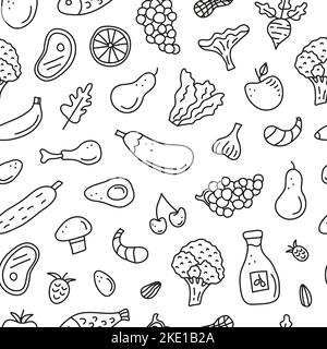 Motif noir et blanc sans couture avec contour de l'oodle aliments paleo y compris le poisson, la viande, les légumes, les oeufs, l'huile, noix, baies. Nutrition paléolithique. Illustration de Vecteur