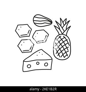 Groupe de doodle contour des icônes allergènes alimentaires, y compris l'amande noix, les peignes de miel, l'ananas, le fromage isolé sur fond blanc. Illustration de Vecteur