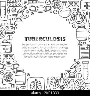 Affiche avec lettrage et contour de la boodle articles de la tuberculose, y compris les poumons rayons X, masque médical, microscope, thermomètre, seringue, loupe, bactéries, p Illustration de Vecteur