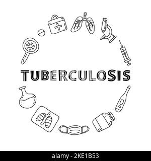 Doodle Outline tuberculose articles, y compris les poumons rayons X, masque médical, microscope, thermomètre, seringue, loupe, bactéries, kit de premiers soins composé en c Illustration de Vecteur