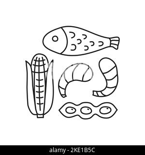 Groupe de doodle décrit les icônes des allergènes alimentaires, y compris le maïs, le poisson, les arachides, les crevettes, les haricots isolés sur fond blanc. Illustration de Vecteur