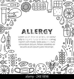 Affiche avec lettrage et le contour des icônes d'allergie comprenant des éruptions cutanées, l'écoulement oculaire, le masque, le chat, l'abeille, microscope, dnk, flacon de pipette, seringue, Illustration de Vecteur